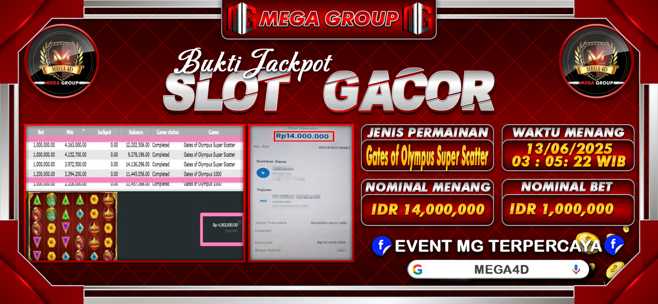Bukti JP situs Mega4D hari Jumat, 13 Juni 2025